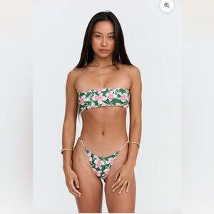 Benoa Swim Green Floral Bandeau Bikini with Pink Blossoms